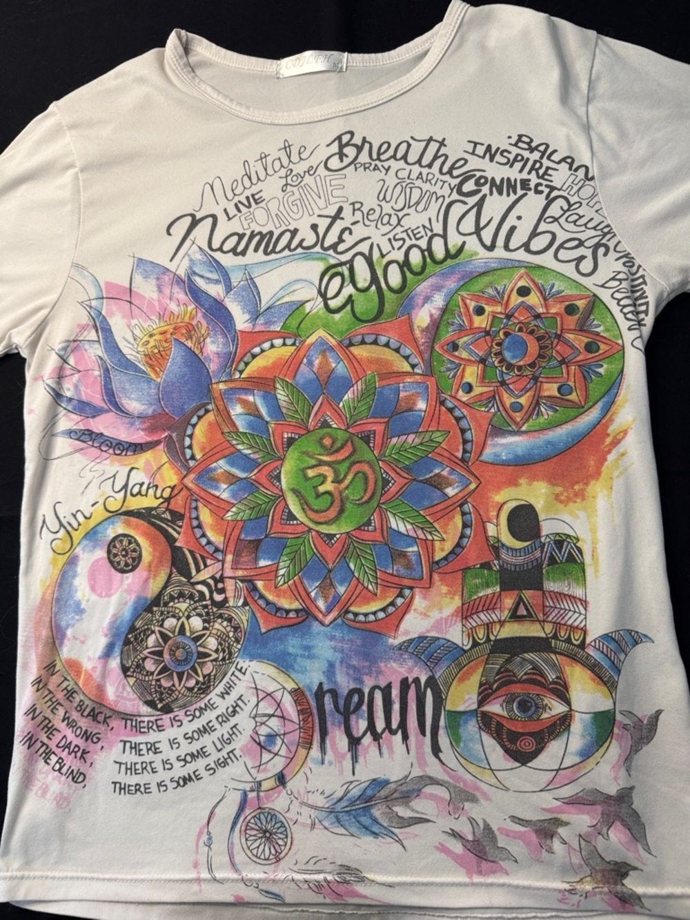 White Graphic Yoga Tee with Colorful Mandala & Lotus Art